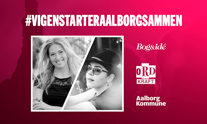 Billede med logoerne: bog & idé, Aalborg Kommune og Ordkraft. Tekst: Vi genstarter Aalborg sammen