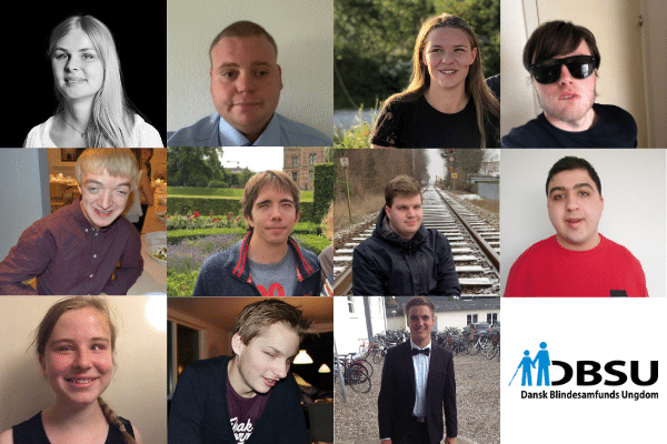 Billedcollage med portrætter af DBSU’s hovedbestyrelse, 10 unge med synshandicap.
