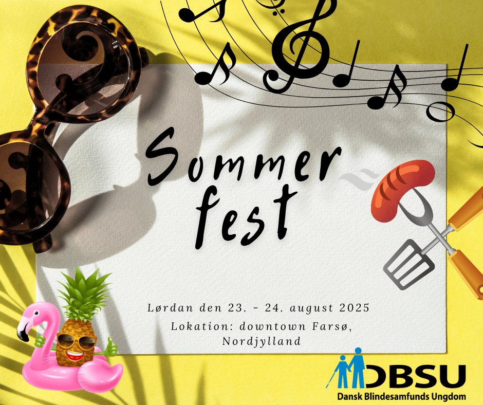 Reklameplakat for DBSU’s sommerfest i Farsø, Nordjylland 23.-24. august 2025 med festlige symboler og grilltema.
