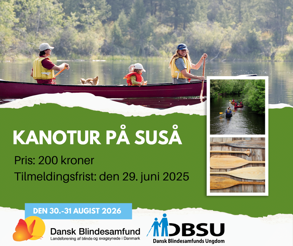 Reklameplakat for DBSU’s kanotur 30.-31. august 2026 med pris og tilmeldingsfrist, viser personer i kanoer.